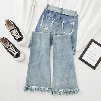 Κορεάτικη μόδα Tassel Slim Flare τζιν Γυναικεία ρούχα casual ψηλόμεσο στενό τζιν παντελόνι Vintage Stretch ίσιο παντελόνι 2024