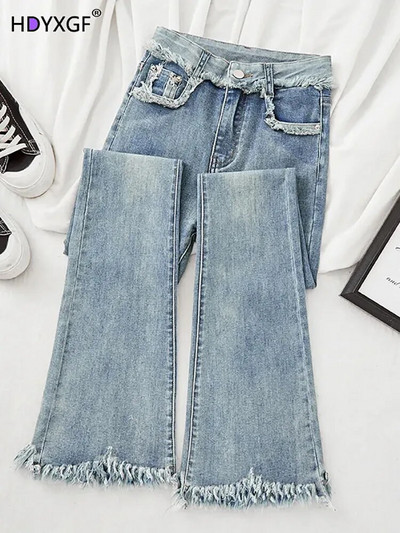 Moda coreeană cu ciucuri blugi subțiri evazați femei Streetwear ocazional talie înaltă pantaloni skinny din denim pantaloni drepți stretch vintage 2024