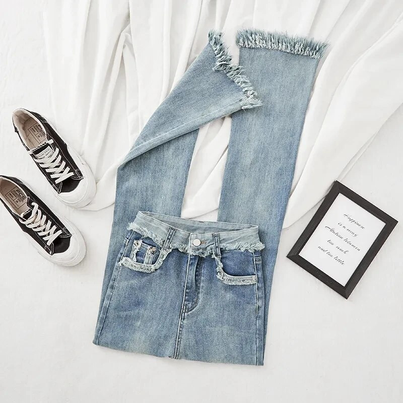 Moda coreeană cu ciucuri blugi subțiri evazați femei Streetwear ocazional talie înaltă pantaloni skinny din denim pantaloni drepți stretch vintage 2024