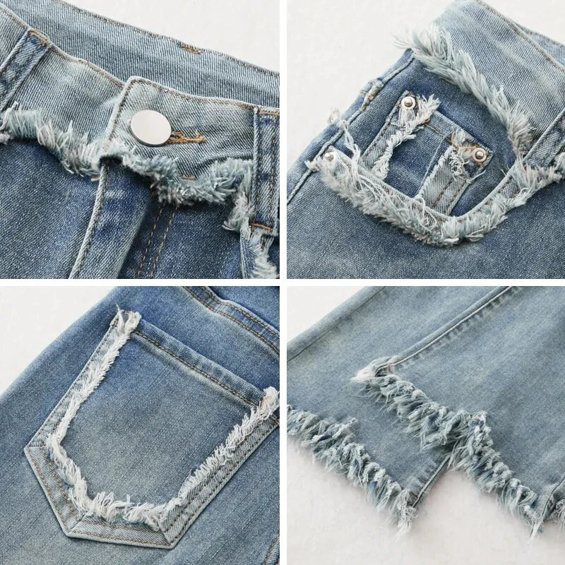 Moda coreeană cu ciucuri blugi subțiri evazați femei Streetwear ocazional talie înaltă pantaloni skinny din denim pantaloni drepți stretch vintage 2024