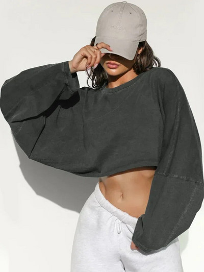 Dámske mikiny s dlhým rukávom, krátke, s okrúhlym výstrihom, sveter, športový crop top, jeseň/zima, jednofarebný voľný sveter