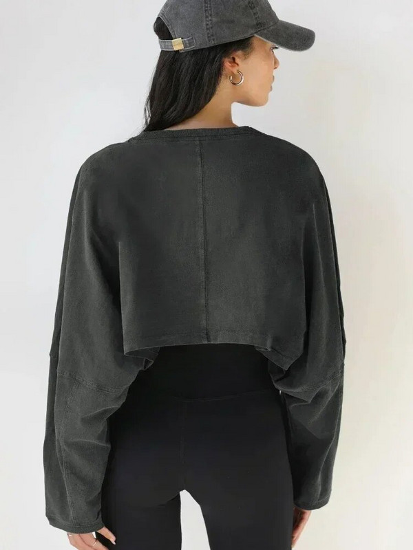 Γυναικεία μακρυμάνικα κοντό Y2k φούτερ με στρογγυλή λαιμόκοψη πουλόβερ Αθλητικό Crop Top Φθινοπωρινό Χειμώνα Μονόχρωμο Χαλαρό πουλόβερ