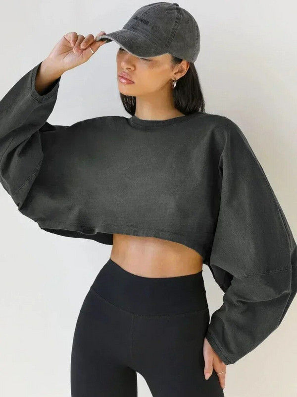 Γυναικεία μακρυμάνικα κοντό Y2k φούτερ με στρογγυλή λαιμόκοψη πουλόβερ Αθλητικό Crop Top Φθινοπωρινό Χειμώνα Μονόχρωμο Χαλαρό πουλόβερ