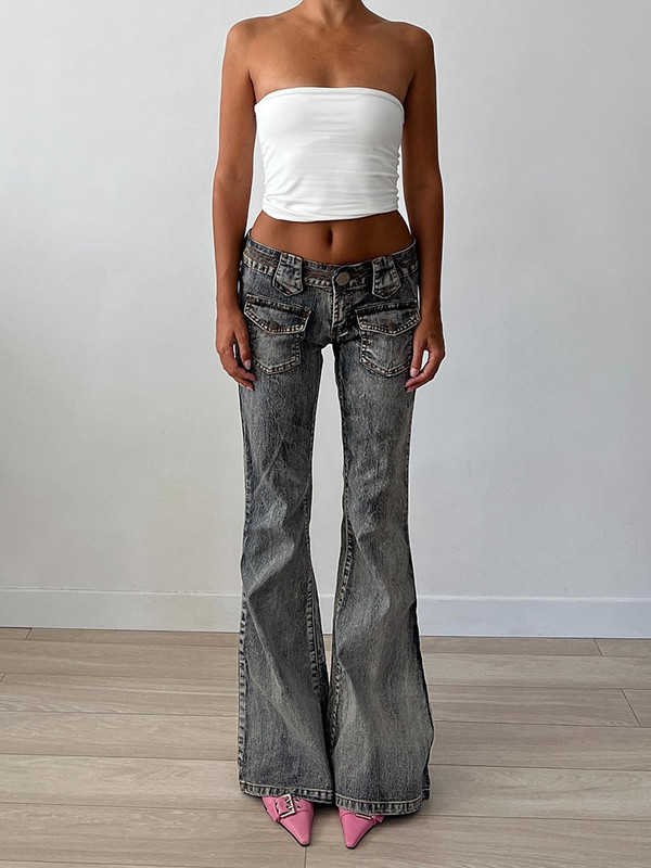 Rockmore Vintage Spălați Flare Jeans Pantaloni Talie joasă Femei Streetwear Y2K Slim Fit Pantaloni Boot Cut Pantaloni Grunge Denim Pantalone