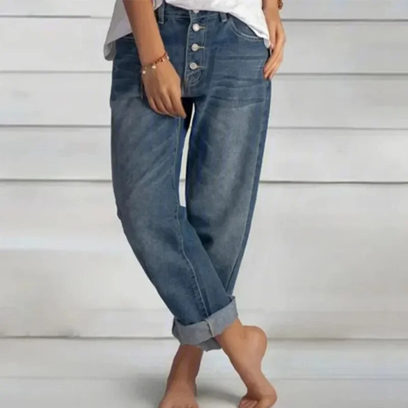 Pantaloni de denim simpli, versatili, pentru femei, cu talie înaltă, cu un singur piept, blugi drepți, largi, ocazional, lavabili, noi