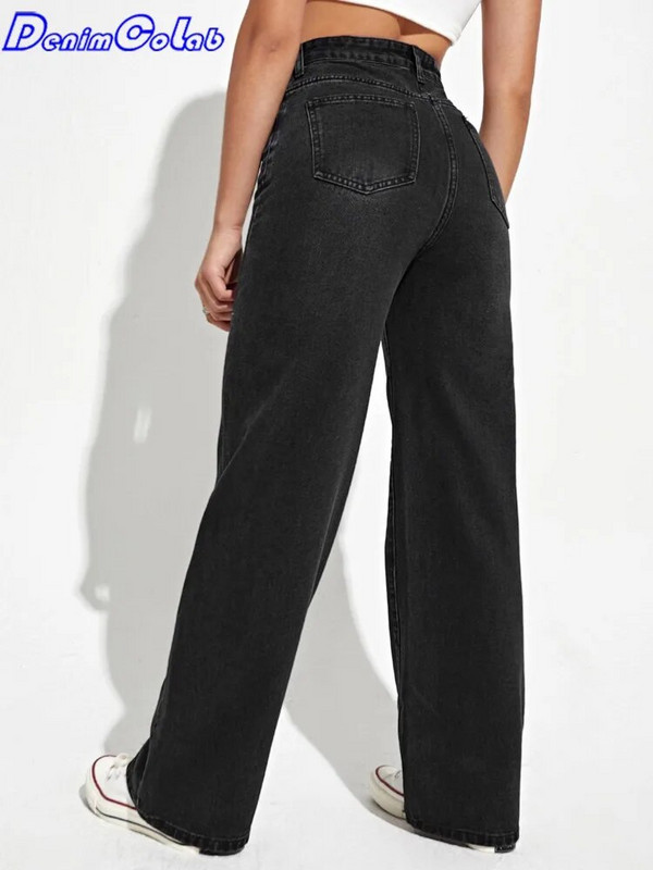 DenimColab 2024 Pantaloni drepți cu talie înaltă pentru femeie Blugi prietenos largi Femei 100% bumbac Pantaloni negri ocazional Mom Jeans