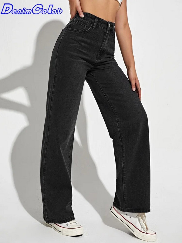 DenimColab 2024 Pantaloni drepți cu talie înaltă pentru femeie Blugi prietenos largi Femei 100% bumbac Pantaloni negri ocazional Mom Jeans