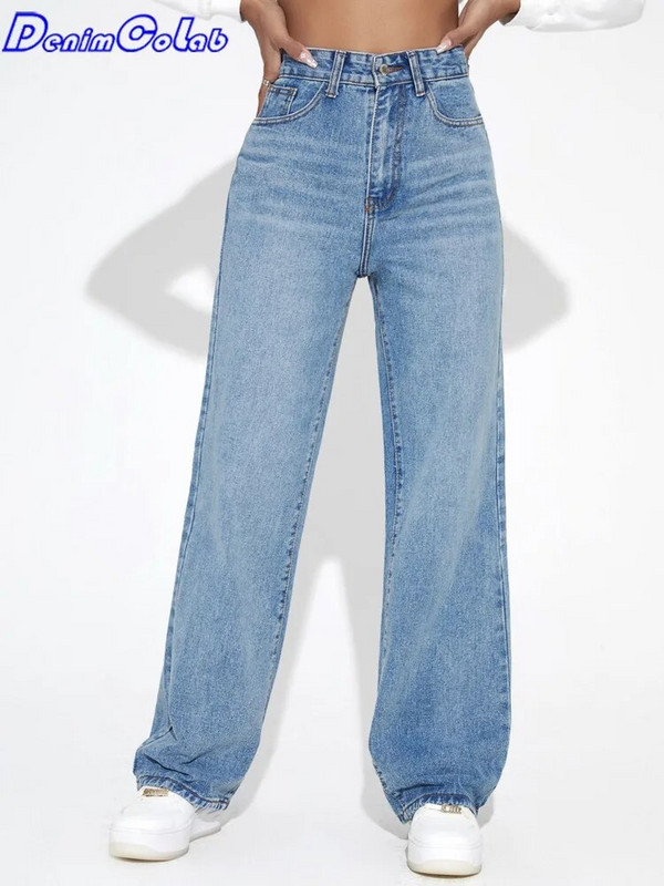 DenimColab 2024 Pantaloni drepți cu talie înaltă pentru femeie Blugi prietenos largi Femei 100% bumbac Pantaloni negri ocazional Mom Jeans