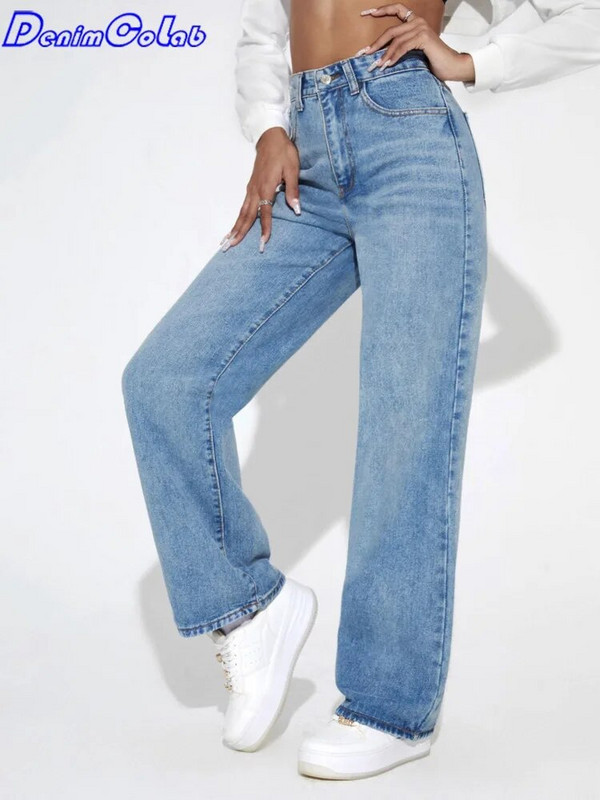 DenimColab 2024 Pantaloni drepți cu talie înaltă pentru femeie Blugi prietenos largi Femei 100% bumbac Pantaloni negri ocazional Mom Jeans