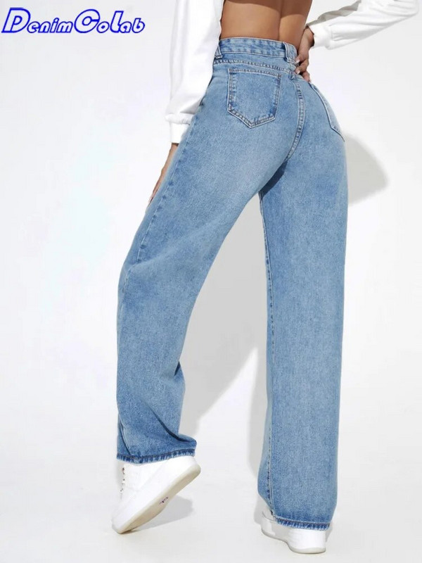 DenimColab 2024 Pantaloni drepți cu talie înaltă pentru femeie Blugi prietenos largi Femei 100% bumbac Pantaloni negri ocazional Mom Jeans