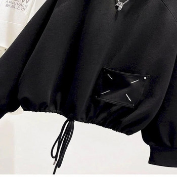 Σχεδιασμός πουλόβερ τσέπης Γυναικεία κοντό στρίφωμα κορδόνι κορδόνι πουλόβερ με τάση για άνοιξη φθινόπωρο Πουλόβερ Κορεατικής μόδας Φαρδιά φούτερ Γυναίκα