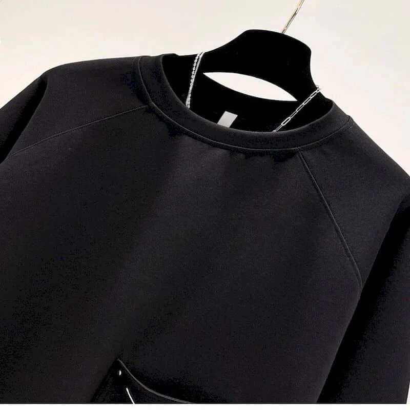 Dizajnové vreckové pulóvre Dámske krátke lemované topy so šnúrkou na jar a jeseň Trendový pulóver v kórejskom štýle Módna voľná mikina Žena