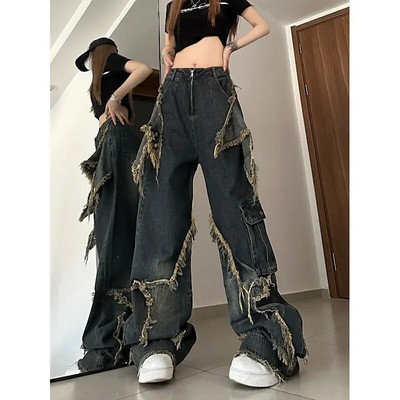JUYABEI Americký štýl Retro High Street džínsy Dámske voľné nohavice so širokými nohavicami Trendy punkové ležérne vrecovité nohavice s hviezdičkami Y2K