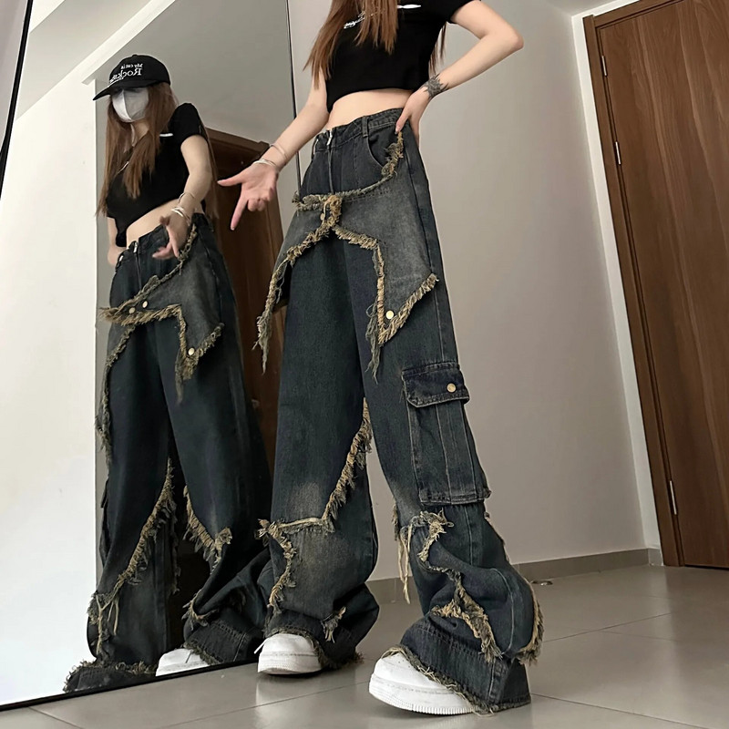 JUYABEI Americký štýl Retro High Street džínsy Dámske voľné nohavice so širokými nohavicami Trendy punkové ležérne vrecovité nohavice s hviezdičkami Y2K