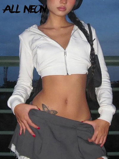 ALLNeon Y2K Естетични винтидж основни бели изрязани суичъри с цип от 2000 г. Модни големи джобове с предна качулка и дълги ръкави Сладки
