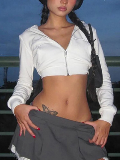 ALLNeon Y2K Aesthetic Vintage Basic Zip Up Hanorace decupate albe Moda anilor 2000 Buzunare mari cu glugă în față Transpirație cu mânecă lungă Drăguț