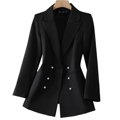 Čierne dvojradové dámske sako, kancelárske, obchodné, dámske sako, 2023, jeseň/zima, nové dámske ležérne sako, vrchné oblečenie