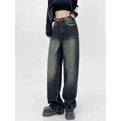 Y2K Vintage cu picior lat cu talie înaltă, drepte, stil de stradă, pantaloni blugi, pantaloni largi din denim, la moda coreeană, haine pentru femei