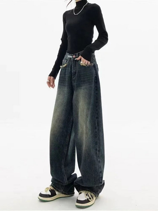 Y2K Vintage cu picior lat cu talie înaltă, drepte, stil de stradă, pantaloni blugi, pantaloni largi din denim, la moda coreeană, haine pentru femei