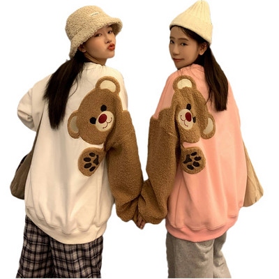 Harajuku Kawaii суичъри с качулка Дамски мечки с бродерия Поларени ръкави с падащи рамене Суичъри Bestie Friends Подходящи пуловери