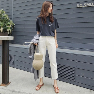 Dámske džínsy s potlačou Y2K, biele, estetické, boyfriend, pre ženy, kórejská móda, džínsy po členky