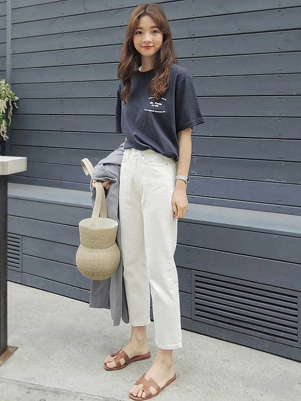 Dámske džínsy s potlačou Y2K, biele, estetické, boyfriend, pre ženy, kórejská móda, džínsy po členky