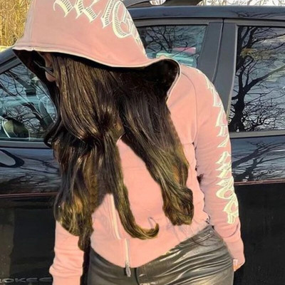 Y2k Emo Gothic Femei Streetwear Hanorac 2022 Jachete cu imprimeu Harajuku Skull Strass Hanorac cu fermoar Grunge Hanorac supradimensionat