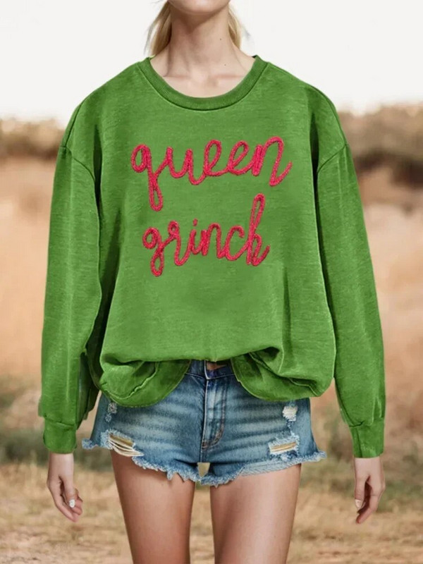 Klasická mikina s vyšívanou niťou, vianočná mikina s potlačou písmen, ležérna mikina s dlhým rukávom a okrúhlym výstrihom