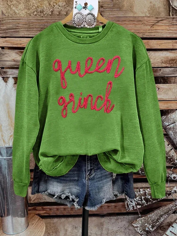 Klasická mikina s vyšívanou niťou, vianočná mikina s potlačou písmen, ležérna mikina s dlhým rukávom a okrúhlym výstrihom