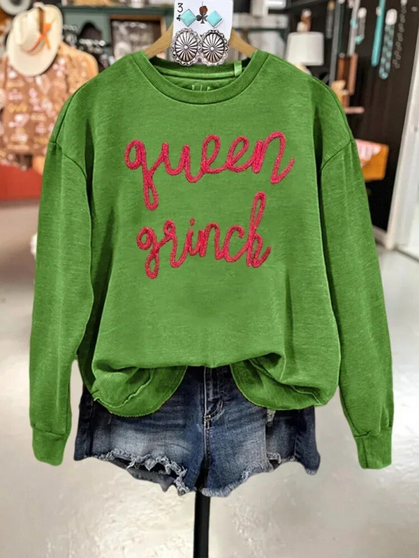 Klasická mikina s vyšívanou niťou, vianočná mikina s potlačou písmen, ležérna mikina s dlhým rukávom a okrúhlym výstrihom