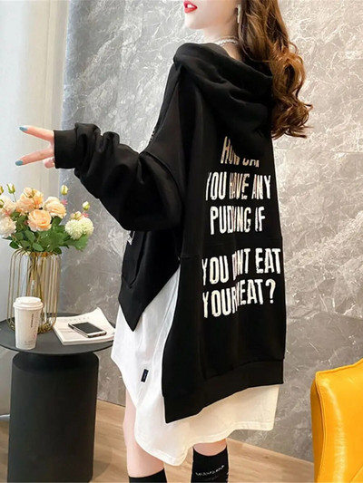 Черен качулка с щампа с букви Harajuk Дамски суитшърт Patchwork Момиче Ulzzang Свободен свободно време Chic High Street Gothic Sweatshirt Femme