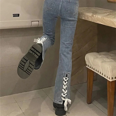 Dámske džínsy s vysokým pásom a čipkou, čierne, modré, skinny, elastické, džínsy, Harajuku, strih, streetwear