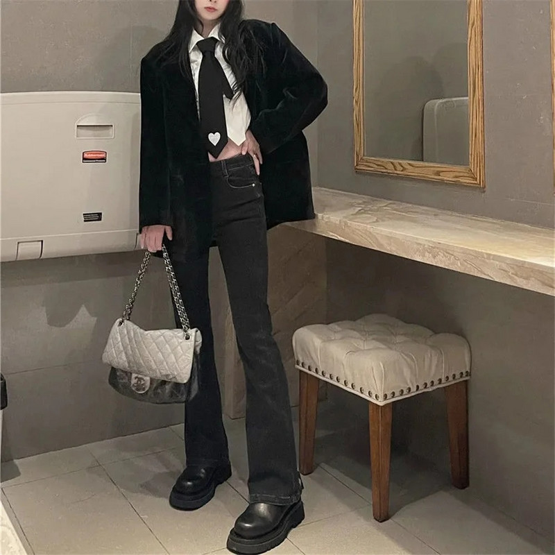 Dámske džínsy s vysokým pásom a čipkou, čierne, modré, skinny, elastické, džínsy, Harajuku, strih, streetwear