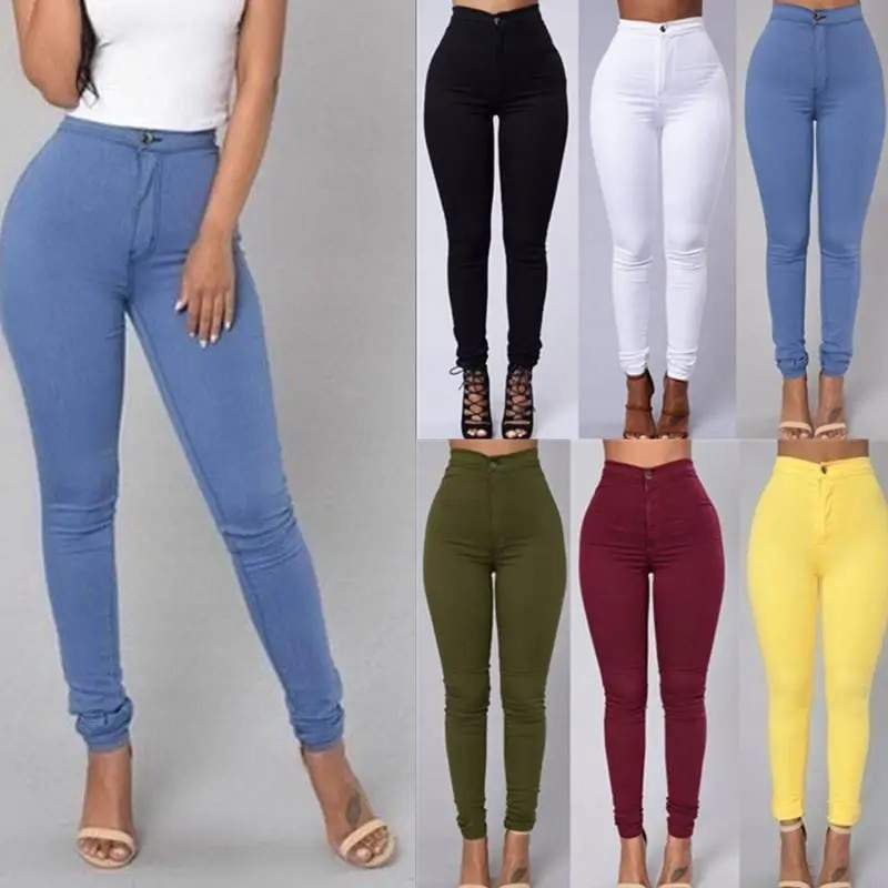 Pantaloni tip creion pentru femei, subțiri, cu talie înaltă, blugi strânși, de culoarea bomboanelor, lungime întreagă, skinny, alb, negru, albastru, galben, blugi, de culoare solidă