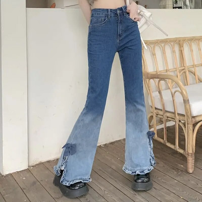 Vysokokvalitné kontrastné džínsy s vysokým pásom, model 2023, drevené uši, bočné rozparky, slim fit, rozšírené džínsy s mašľou, štýl Y2k, dámske streetwear