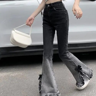 Vysokokvalitné kontrastné džínsy s vysokým pásom, model 2023, drevené uši, bočné rozparky, slim fit, rozšírené džínsy s mašľou, štýl Y2k, dámske streetwear