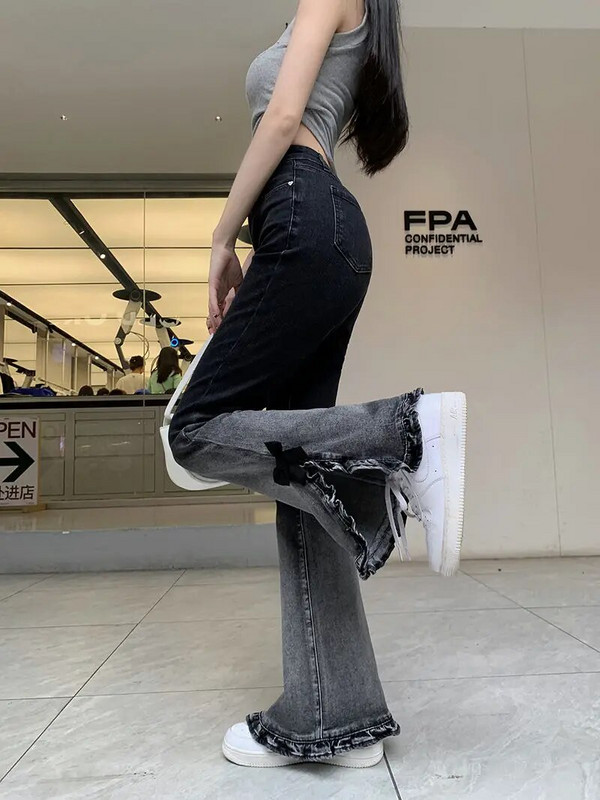 Vysokokvalitné kontrastné džínsy s vysokým pásom, model 2023, drevené uši, bočné rozparky, slim fit, rozšírené džínsy s mašľou, štýl Y2k, dámske streetwear