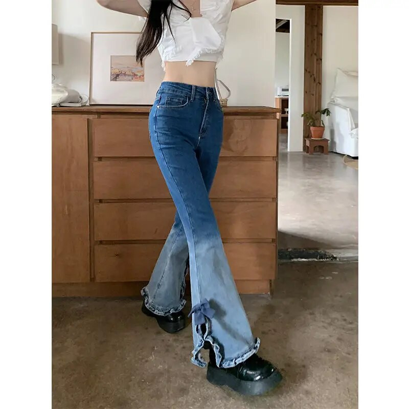 Vysokokvalitné kontrastné džínsy s vysokým pásom, model 2023, drevené uši, bočné rozparky, slim fit, rozšírené džínsy s mašľou, štýl Y2k, dámske streetwear