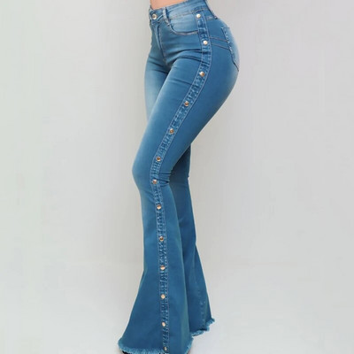 Blugi Mom Denim Flare Spalat albastru pentru femei Iarna Primavara Pantaloni skinny cu dungi laterale cu talie inalta Y2K