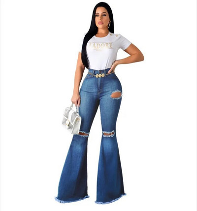 Blugi Mom Denim Flare Spalat albastru pentru femei Iarna Primavara Pantaloni skinny cu dungi laterale cu talie inalta Y2K