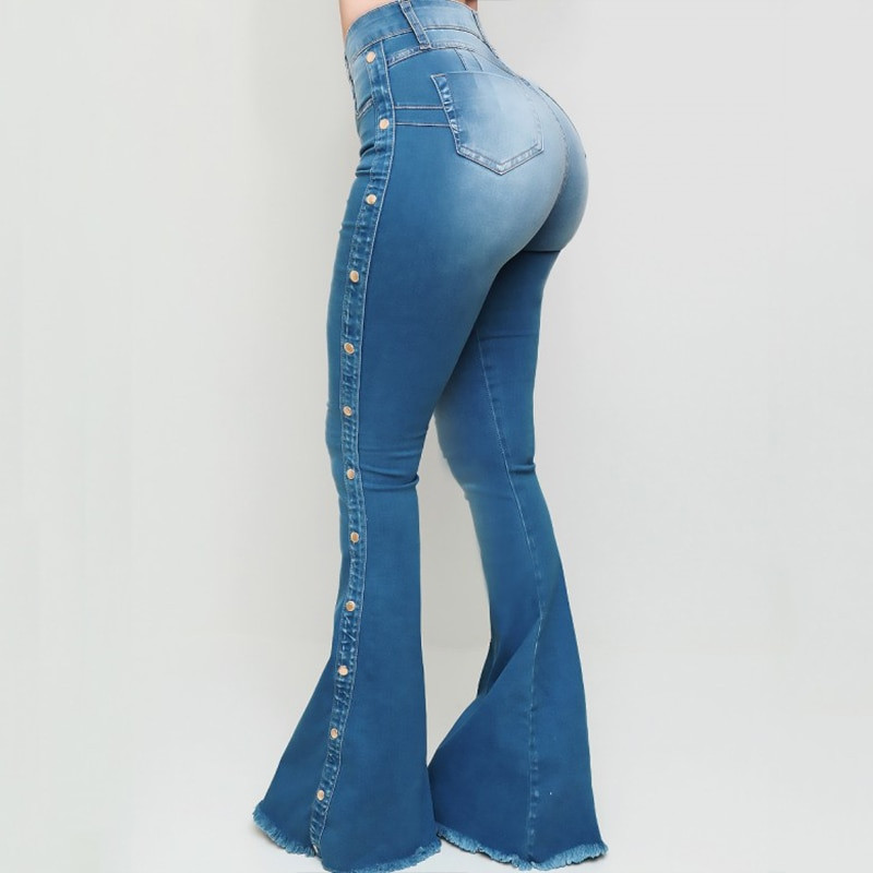 Blugi Mom Denim Flare Spalat albastru pentru femei Iarna Primavara Pantaloni skinny cu dungi laterale cu talie inalta Y2K