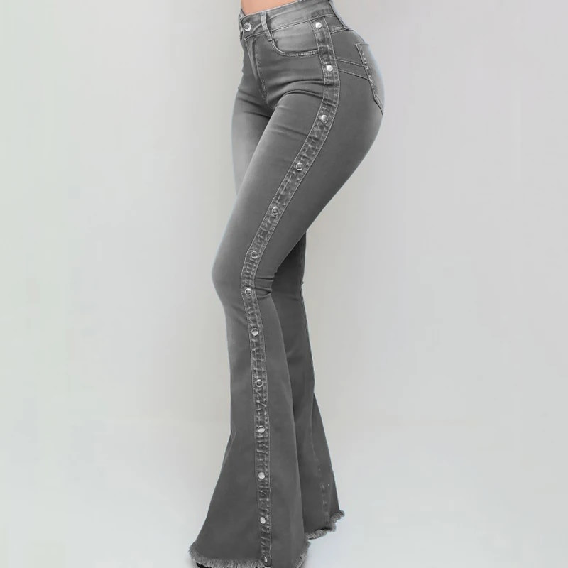 Blugi Mom Denim Flare Spalat albastru pentru femei Iarna Primavara Pantaloni skinny cu dungi laterale cu talie inalta Y2K