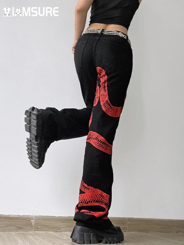 IAMSURE kinietiško stiliaus gyvatės marginti džinsai Laisvalaikio gatvių apranga Laisvos moteriškos kelnės aukštu liemeniu Madingos džinsinės plačios kelnės