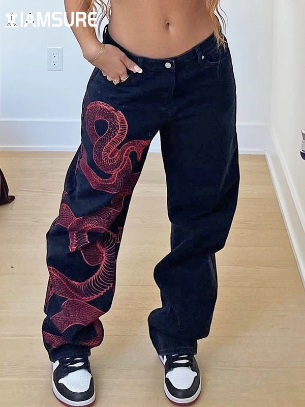 IAMSURE kinietiško stiliaus gyvatės marginti džinsai Laisvalaikio gatvių apranga Laisvos moteriškos kelnės aukštu liemeniu Madingos džinsinės plačios kelnės
