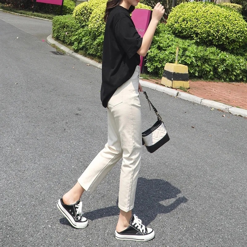 Dámske ležérne béžové džínsy s vysokým pásom, rovné, kórejské, jarné a letné, džínsové nohavice 86-91 cm, základné capri nohavice po členky, Vaqueros