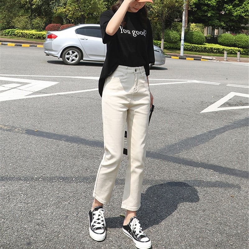 Dámske ležérne béžové džínsy s vysokým pásom, rovné, kórejské, jarné a letné, džínsové nohavice 86-91 cm, základné capri nohavice po členky, Vaqueros