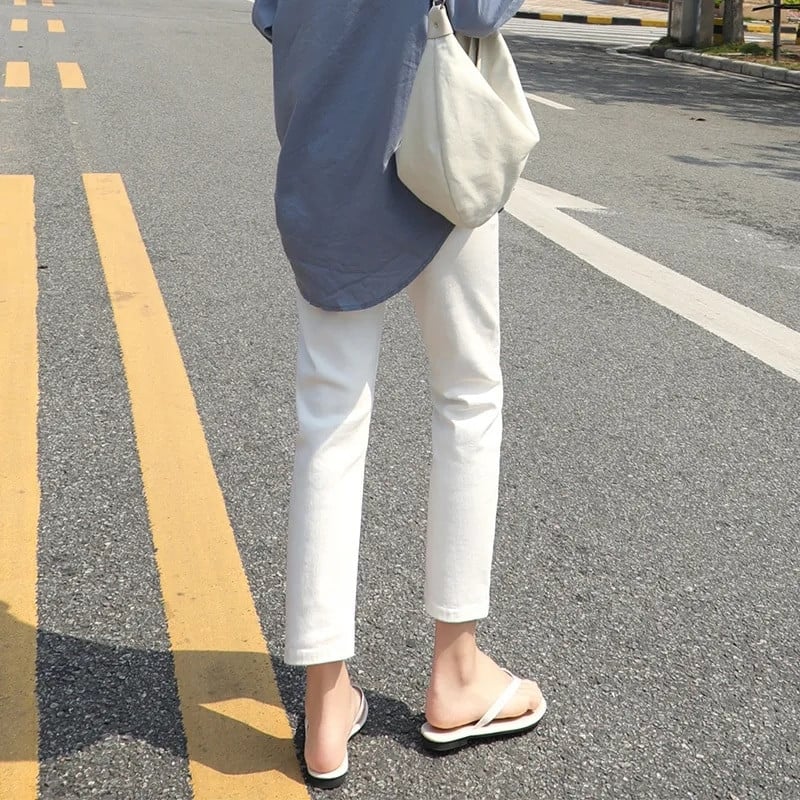 Dámske ležérne béžové džínsy s vysokým pásom, rovné, kórejské, jarné a letné, džínsové nohavice 86-91 cm, základné capri nohavice po členky, Vaqueros