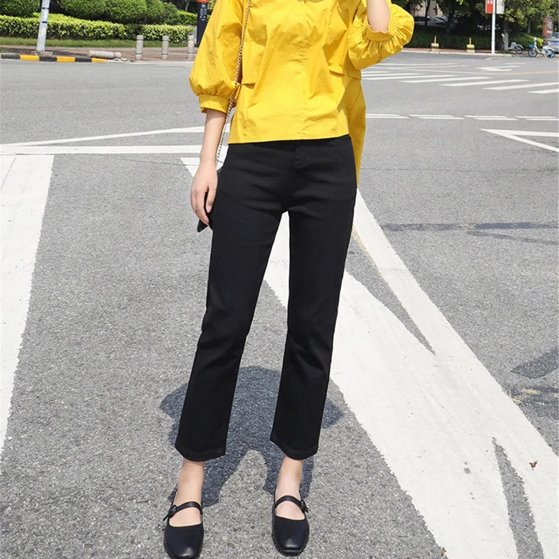 Dámske ležérne béžové džínsy s vysokým pásom, rovné, kórejské, jarné a letné, džínsové nohavice 86-91 cm, základné capri nohavice po členky, Vaqueros