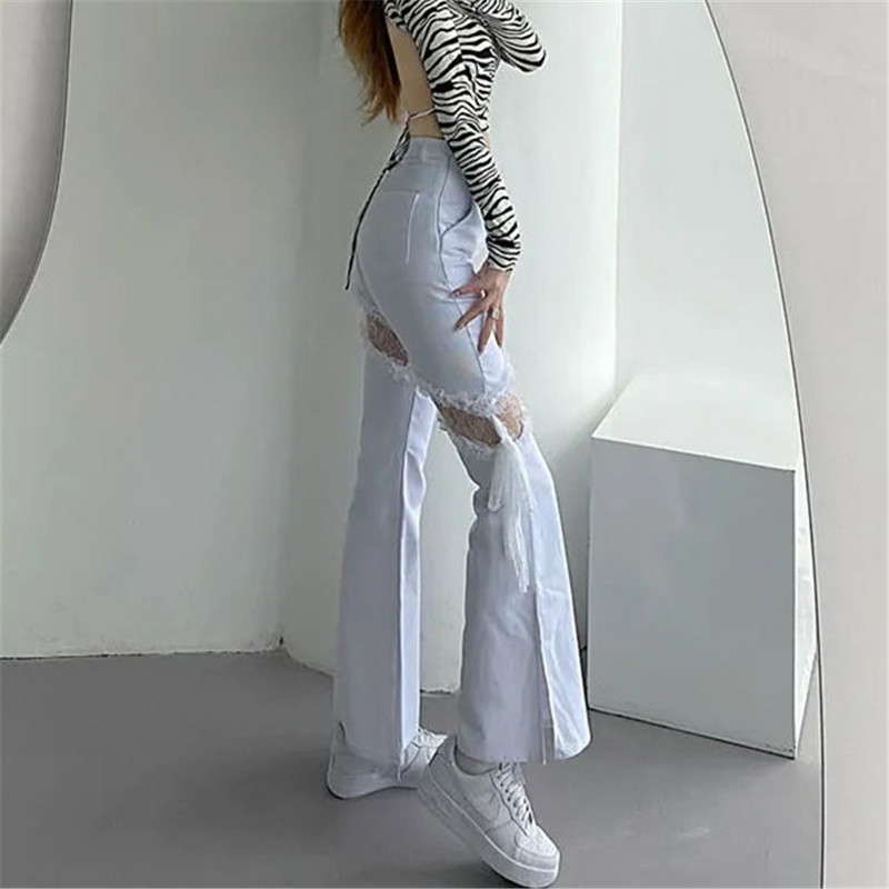 Džínsy s vysokým pásom, rozšíreným strihom a čipkou Y2k, s dutým bočným rozparkom a obväzom, úzkym gotickým punkovým streetwearovým džínsovým vzorom Harajuku