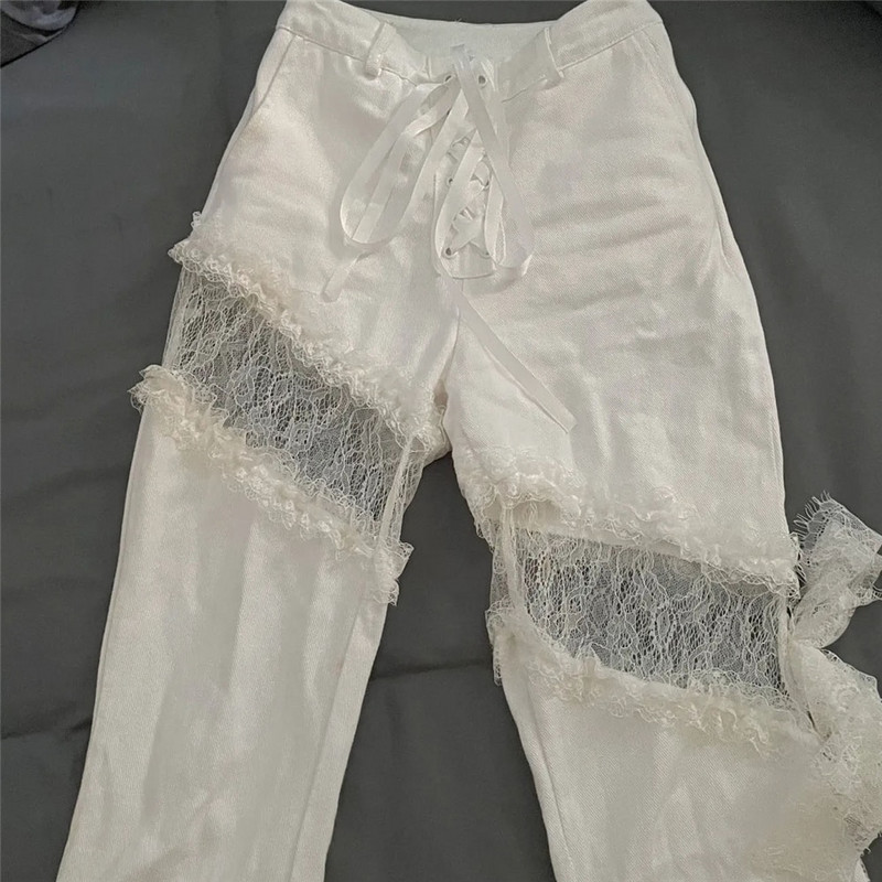 Džínsy s vysokým pásom, rozšíreným strihom a čipkou Y2k, s dutým bočným rozparkom a obväzom, úzkym gotickým punkovým streetwearovým džínsovým vzorom Harajuku